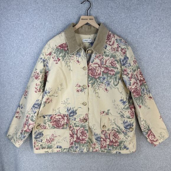 Coldwater Creek Womens Denim Jacket Floral Tan Pink Womens Large Size 14-16 - Picture 1 of 15